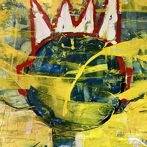 Detail from one of Tyrone Johnson-Neuland showing the red outline of a mostly blue head surrounded by bright yellow paint